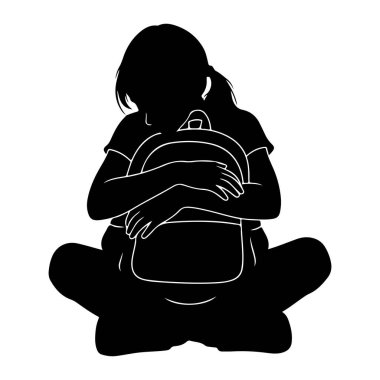 Bacak bacak üstüne atmış, sırt çantasına sarılan siyah bir siluet. Şekil başı öne eğik, kolları sırt çantasına dolanmış bir şekilde öne bakıyor. Sırt çantasının ana hatları ve kişinin kıyafetleri beyaz çizgilerle tanımlanır. Arka taraf.