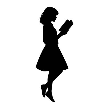 Profilde genç bir kızın siyah silueti beyaz bir arkaplanda tasvir ediliyor. O bir elbise giyiyor ve elinde açık bir kitap tutuyor, okumaya dalmış gibi görünüyor. Ayakları hafifçe kalkmış, bir anlık durgunluğu çağrıştırıyor.