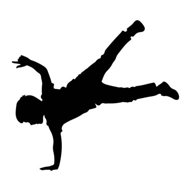 Genç bir çocuğun siyah bir silueti kırılma hareketinin ortasında yakalandı. O bir elinde, vücudunu uzattı ve bacaklarını havaya kaldırdı. Diğer kolu işaret parmağıyla kaldırılmış. Siluet, düz beyaz bir arka grubuna karşı katıdır.