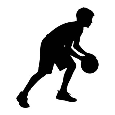 Atletik şortlu ve ayakkabılı siyah bir çocuk silueti, profilde basketbol topu sürerken resmediliyor. Çocuk öne doğru eğiliyor, elleri topu zıplarken kontrol etmek için pozisyonda. Görüntü beyaz bir arkaplanda izole edilmiş.