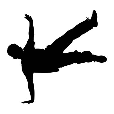 Beyaz arka planda dans eden birinin siyah silueti. Dansçı dinamik bir pozla yakalanır, bir eli yerde, bacakları havada, atletik hareketler ve enerji sergileyerek. Kıyafetlerle detaylandırılmış. 