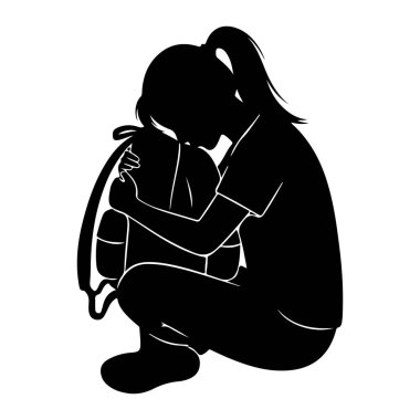 Siyah bir çocuk silueti çömelmiş ve sırt çantasına sarılıyor. Çocuğun başı eğik ve kolları sırt çantasına dolanmış. Üzüntü, yalnızlık ya da rahatlama hissi uyandırıyor. Görüntü basit, grafik biçiminde oluşturulmuştur