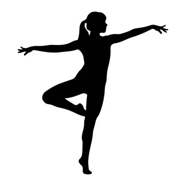 Dansçı bir kadının siyah silueti zarif bir pozda yakalanır. Vücudu dinamik bir hareketle bükülmüş, bir bacağı bükülmüş ve diğeri uzatılmış. Kolları açılır, parmakları nazikçe poz verir. Siluet bir C 'ye karşı katıdır.