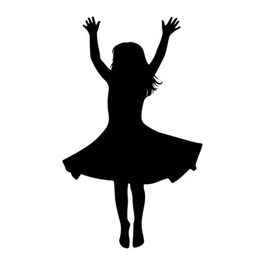 Kollarını havaya kaldırmış, akıcı elbiseli siyah bir kız silueti. Saçları dalgalı çizgilerle tasvir edilmiş. Harekete işaret ediyor. Şekil beyaz bir arkaplanda izole edilmiş ve katı bir kontrast yaratıyor. Bu poz bir sevinç hissi veriyor.