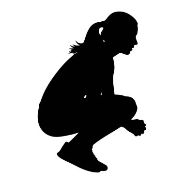 At kuyruklu siyah bir kız silueti çömelmiş veya çömelmiş bir şekilde tasvir edilir. O, atletik giysiler giyiyor ve elleri onun önünde sıkıca bağlı. Siluet, düz beyaz bir arkaplan üzerine kuruludur.