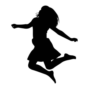 Havada duran, dinamik bir zıplama pozisyonunda yakalanmış siyah bir siluet. Şeklin uzun, dalgalı saçları var ve dışarı doğru dalgalanan bir elbise giyiyor. Kollar açılır, bacaklar bükülür, bir neşe ve ateş hissi yayılır.