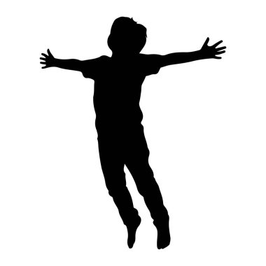 Siyah bir siluet kolları geniş bir şekilde havada bir çocuk. Çocuk bir tişört ve pantolon giyiyor. Siluet beyaz bir arkaplanda izole edilmiş, bir özgürlük ve enerjik hareket hissi veriyor..