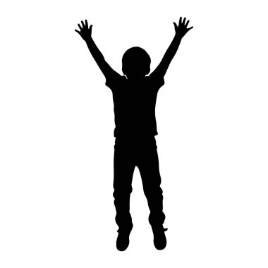 Bir çocuğun siyah silueti iki kolu tamamen yukarı doğru uzanmış şekilde orta atlamada tasvir edilir. Çocuk ayaklarında ayakkabılar olan bir tişört ve pantolon giyiyor. Silüet beyaz bir arkaplanda izole edilmiş.