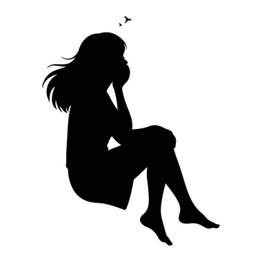 Çenesi elinde dinlenen, düşünceli ya da düşünceli görünen siyah bir siluet. Saçları başlarının etrafında dolaşır ve arkalarında ve üstlerinde iki küçük kuş benzeri şekil tasvir edilir. Bu da özgürlük ya da ima hissi verir.