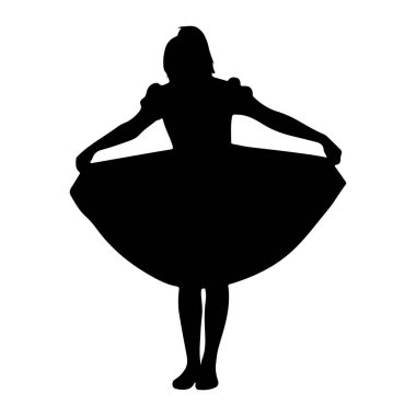 Alevli bir elbisenin kenarlarını tutan ve ayakta duran siyah bir siluet. Şeklin kabarık kolları var ve bir çocuk ya da genç bir kadın gibi görünüyor. Arka plan bembeyaz..