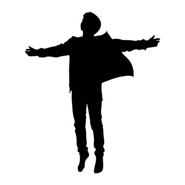 Siyah bir insan silueti kolları açık bir şekilde havada yakalanır. Şekil, başları arkaya eğik ve vücutları dinamik bir şekilde atlıyor ya da sıçrıyor gibi görünüyor. Siluet, düz beyaz bir arkaplan üzerinde titrer.