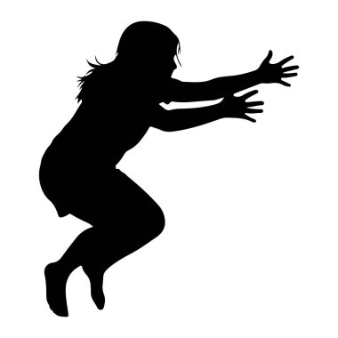 Havada duran, dinamik bir zıplama pozisyonunda yakalanmış siyah bir siluet. Kolları açık bir şekilde ileri doğru uzanıyor, bu da uzanma ya da kucaklaşma hissi veriyor. Şeklin bedeni bükülmüş, bacakları hafifçe sıkışmış, momentum aktarıyor ve... 
