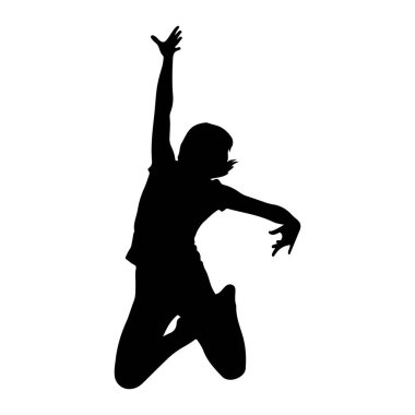 Siyah bir siluet, beyaz bir arka plana doğru atlayış yaparken görüntülenir. Bireyin kolları yukarı ve dışarı doğru uzanır, bir kolu diğerinden daha yükseğe uzanır. Bacakları bükülmüş, güçlü bir sıçrama ya da dans hareketi yapıyorlar..