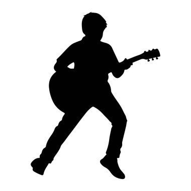Akustik gitar çalan hareketli bir kişinin siyah silueti. Şekil, bir bacağı genişlemiş ve diğeri bükülmüş bir şekilde orta basamakta yakalanmış, bu da dinamik bir hareket olduğunu gösteriyor. Kişi gitarı tutuyor ve tıngırdatıyor ya da çalıyor gibi görünüyor.