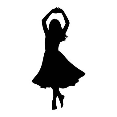 Bir kadının siyah silueti dinamik bir dans pozuyla tasvir edilir. Kollarını başının üstüne kaldırır ve ellerini sıkarlar. Bacaklarının etrafında parlayan dalgalı bir elbise giyiyor, hareket ve kıvrılma izlenimi veriyor. Vücudu bir açıyla çevrili.