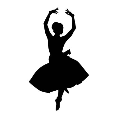 Siyah bir balerin silueti beyaz bir arka plana karşı zarif bir pozla tasvir edilir. Kolları kaldırılmış ve bükülmüş, elleri hassas bir şekilde yerleştirilmiş. Bacakları alevlenen bir etek giyiyor ve sivri uçlu ayakkabıları balla görünürken...
