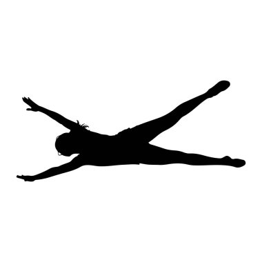 Düz beyaz bir arkaplana karşı dinamik ve gergin bir şekilde duran bir kişinin siyah silueti. Şeklin kolları zıt yönlere doğru uzanıyor ve bacakları genişçe açılıyor. Bu da hareket ya da uçma anlamına geliyor. Siluet keskin ve tanımlı.