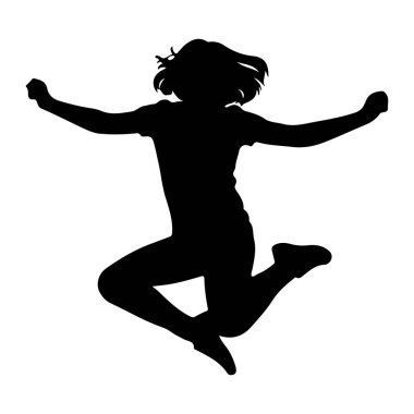 Siyah bir siluet, beyaz bir arka plana doğru atlayış yaparken görüntülenir. Şeklin kolları dışa doğru ve yukarı doğru uzanıyor, yumrukları sıkılmış, bir neşe ve özgürlük hissi veriyor. Bacakları bükülmüş, bir ayağı önde. 