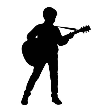 Ayakta duran ve akustik gitar çalan siyah bir siluet. Gitarın kişinin omzunda bir kayışı vardır. Siluet beyaz bir arkaplanda izole edilmiş..