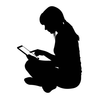 Bağdaş kurup tablet cihazına bakan siyah bir siluet. Kişinin sağ işaret parmağı uzatılır ve tabletin ekranına dokunur. Arkaplan düz beyaz.