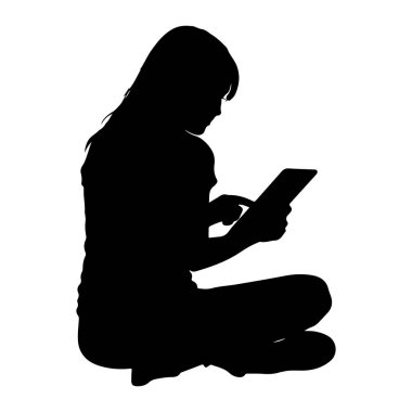 Beyaz bir arka planda bağdaş kurmuş siyah bir siluet. Kişi aşağıya bakıyor ve elinde tuttuğu tablet cihazla etkileşime geçiyor, tek parmağıyla ekrana dokunuyor. Siluet, perso 'nun şeklini açıkça belirtiyor.