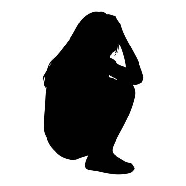 Bir kişinin siyah silueti ellerinde başıyla çömelmiş olarak tasvir edilir. Şekil, tek renkli olarak beyaz bir arkaplana karşı şekillendirilmiş, biçimini ve duruşunu vurgulamıştır. Duruş bir üzüntü, üzüntü ya da derin bir küçümseme hissi veriyor.