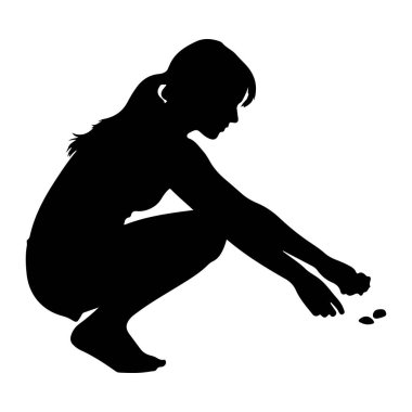 Bir kadının siyah silueti sağa doğru çömelmiş şekilde tasvir edilir. Saçları at kuyruğu şeklinde bağlanmış. Elleri yere doğru uzanıyor ve birkaç küçük, karanlık nesneyi kaldırıyor ya da inceliyor gibi görünüyor. Arka plan...