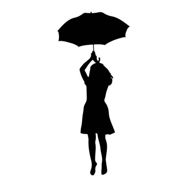 Kafasının üstünde açık bir şemsiye tutan siyah bir kadın silueti. O bir elbise giyiyor ve havada ya da atlıyor gibi görünüyor. Arka plan bembeyaz..