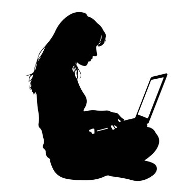 Beyaz bir arka planda bağdaş kurup dizüstü bilgisayara bakıp yazan siyah bir kadın silueti. Saçları uzun ve sırtından aşağı akıyor. Dizüstü bilgisayar ekranı aydınlatılmış ve elleri klavyenin üzerinde..