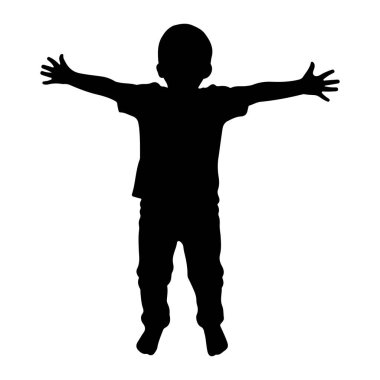 Küçük bir çocuğun siyah silueti kollarını yanlara doğru açmış duruyor. Çocuk bir tişört ve pantolon giyiyor. Siluet beyaz bir arkaplanda izole edilmiş..