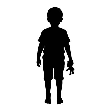 Sağ ellerinde küçük bir oyuncak tutan ve ayakta duran siyah bir çocuk silueti. Çocuk bir tişört ve şort giyiyor. Arkaplan düz beyaz.
