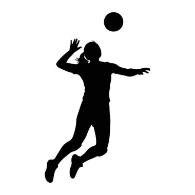 Havada zıplayarak voleybol oynayan bir kadın voleybolcunun siyah silueti. Vücudu açılı, bir kolu topa vurmak için kaldırılmış ve diğeri denge için uzatılmış. Top başının üzerinde konumlandırıldı. Görüntü izole edilmiş.