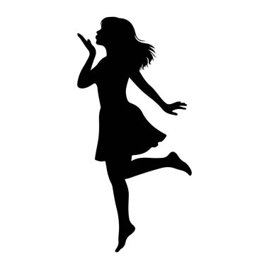 Profilde siyah bir kadın silueti, öpüşürken resmedilmiş. Saçları süzülüyor ve bir bacağı sanki dans ediyormuş gibi kalkıyor. Şekil, beyaz bir arkaplan üzerinde izole edilmiş, bir hareket hissi ve oyuncu bir son kullanma tarihi taşır