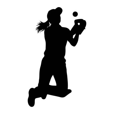 Beyzbol eldiveni ve kep takmış siyah siluet bir kadın topu yakalamak için zıplarken havada yakalanır. At kuyruğu arkasında akıyor ve vücudu onu yakalamak için dinamik bir şekilde konumlandırılmış. Görüntü tam bir saçmalık.