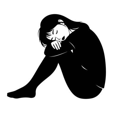 Dizleri göğsüne kadar çekilmiş ve kafası kollarında dinlenen siyah bir kadın silueti tasvir ediliyor. Gözleri kapalı ve yüzü kasvetli ya da üzgün görünüyor. Şekil minimalist, grafik biçimi p 'ye karşıdır.