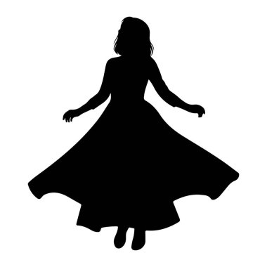 Uzun, dalgalı bir elbise giymiş siyah bir kadın silueti beyaz arka planda tasvir edilir. Kolları açık ve elbisesi etrafında pervane olmuş. Hareketi ve zarafeti işaret ediyor. Şekil izole edilmiş, temiz ve sanatsal bir grafik oluşturuyor..