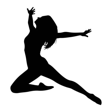 Bir kadının siyah silueti havada dinamik bir atlayışta yakalanır. Vücudu kemerli, bir bacağı öne doğru uzanıyor ve diğeri de arkasına doğru eğiliyor. Kolları açık, biri yukarı doğru uzanıyor ve diğeri yana doğru uzanıyor.