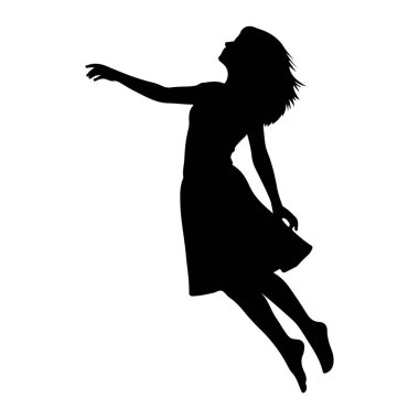 Bir kadın silueti havada, kafası arkaya eğilmiş ve bir kolu yukarı doğru uzanmış. Dans ediyor ya da zıplıyor gibi göründüğü için elbisesi etrafında akıyor. Görüntü beyaz bir arkaplanda izole edilmiş, katıksız bir karşıtlık oluşturur.
