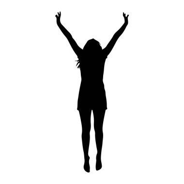 Bir kadının siyah silueti arkadan tasvir edilir, kolları başının üstünde zıplayarak. Saçları dışa doğru akıyor, bu da hareket ve enerjiyi gösteriyor. Şekil, düz beyaz bir arkaplanda izole edilmiştir..