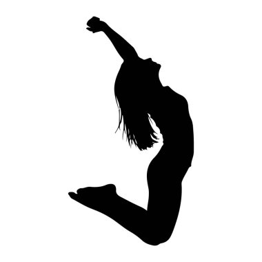 Bir kadının siyah silueti sıçramanın ortasında, vücudu geriye doğru kavisli ve kolları yukarı doğru uzanmış bir şekilde yakalanır. Kafası arkaya doğru eğilmiş ve uzun saçları arkasından akıyor. Görüntü çok net, siyah figür düz bir alana karşı sert bir şekilde zıt.