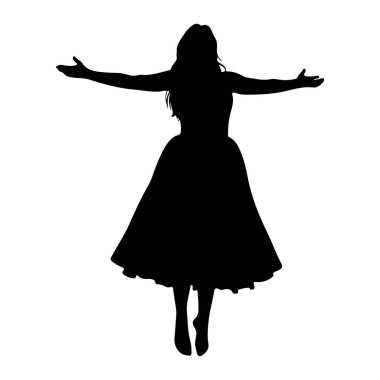 Uzun, dalgalı saçları olan siyah bir kadın silueti kollarını yanlara uzatmış duruyor. Etrafında parlayan, dolgun, dalgalı bir elbise giyiyor. Bacakları birbirine kenetlenmiş ve ayakları aşağıya doğru dönük. Siluet izole edilmiş.