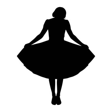 Bir kadının siyah silueti, kıvrılmanın ortasında yakalanır, kolları dışa doğru açılır ve kaslı, alevli bir eteğin kenarlarını tutar. Kafası hafifçe yana yatmış ve duruşu hareket ve zarafeti gösteriyor. Şekil, düz beyaz bir torbaya karşı izole edilmiştir.