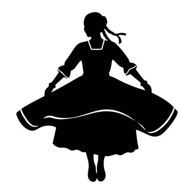 Saçları sırtına kurdele bağlanmış siyah bir kadın silueti belden yukarısına gösteriliyor. Dönerken etrafını saran dolgun, dalgalı bir elbise giyiyor. Elbisenin kare bir yakası ve kabarık kolları var. Eteğin kenarı. 