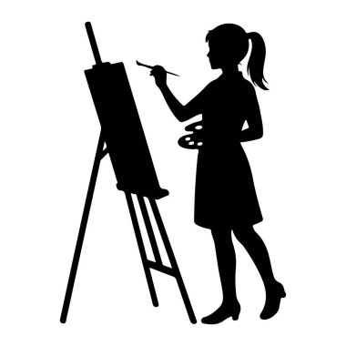 Siyah bir siluet bir elinde boya fırçası, diğer elinde palet tutarak sehpada bir tuval üzerinde duruyor. Saçı at kuyruğu olan ve elbise ve topuklu ayakkabı giyen biri. Arkaplan düz beyaz.