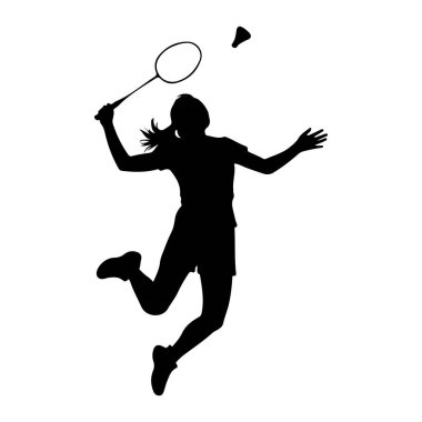 Havada badminton oynayan siyah bir siluet. Oyuncu, bir kolu raket tutarak atlıyor, aynı zamanda havada olan bir mekik horozuna vurmaya hazırlanıyor. Oyuncunun bedeni açılıdır, dinamik bir hareket hissi verir.