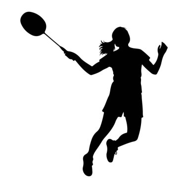 Oyunun ortasında siyah bir badminton oyuncusunun silüeti. Dinamik bir pozda yakalanır, orta sıçrayışta, raketiyle bir mekik sikine vurmak için kolunu uzatır. Saçları at kuyruğu şeklinde ve atletik şort ve t-shirt giyiyor.