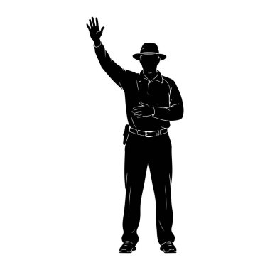 Şapka, polo tişört, pantolon ve ayakkabı giyen birinin siyah silueti sağ kolu havada ve eli açık duruyor. Sol elleri karınlarının üzerine konur. Kemer tokalı bir kemer bellerinde görünür. Şekil izole edilmiş.
