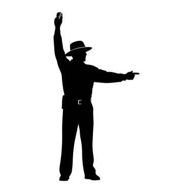 Şapka ve üniforma giyen bir spor hakemi silueti. Hakemin bir kolu top tutarken diğer kolu yana doğru uzatılmış. Kemer tokalı bir kemer belin etrafında görünür. Şekil düz bir çizgide duruyor.