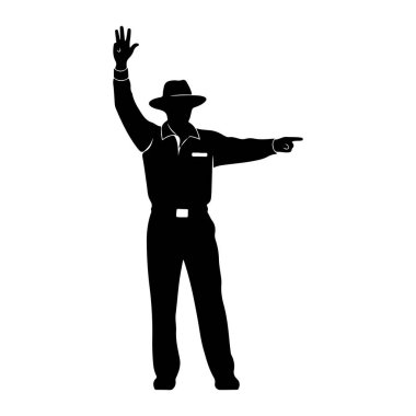 Şapka takan, yakalı, cebi ve pantolonu olan siyah bir siluet. Kişi ayakta duruyor ve sol kolunu dört parmağıyla kaldırıyor, ve sağ kolu da sağ elini işaret parmağıyla uzatıyor. Şey...