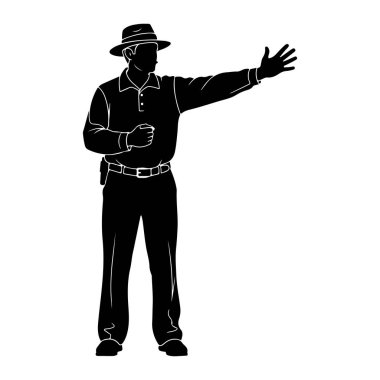 Şapka, polo gömlek, kemer ve pantolon giyen bir kişinin siyah silueti bir kolu açık ve avuç içi ileri dönük bir şekilde sanki işaret ya da talimat veriyormuş gibi duruyor. Diğer kolu dirseğinden bükülmüş ve yumruğunu sıkmış. Şeklin. 